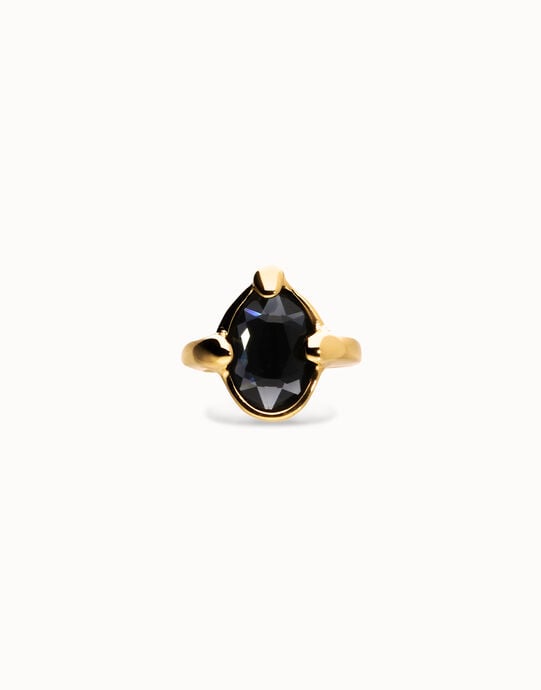 Anillo ba&ntilde;ado en oro 18k con cristal facetado ovalado negro